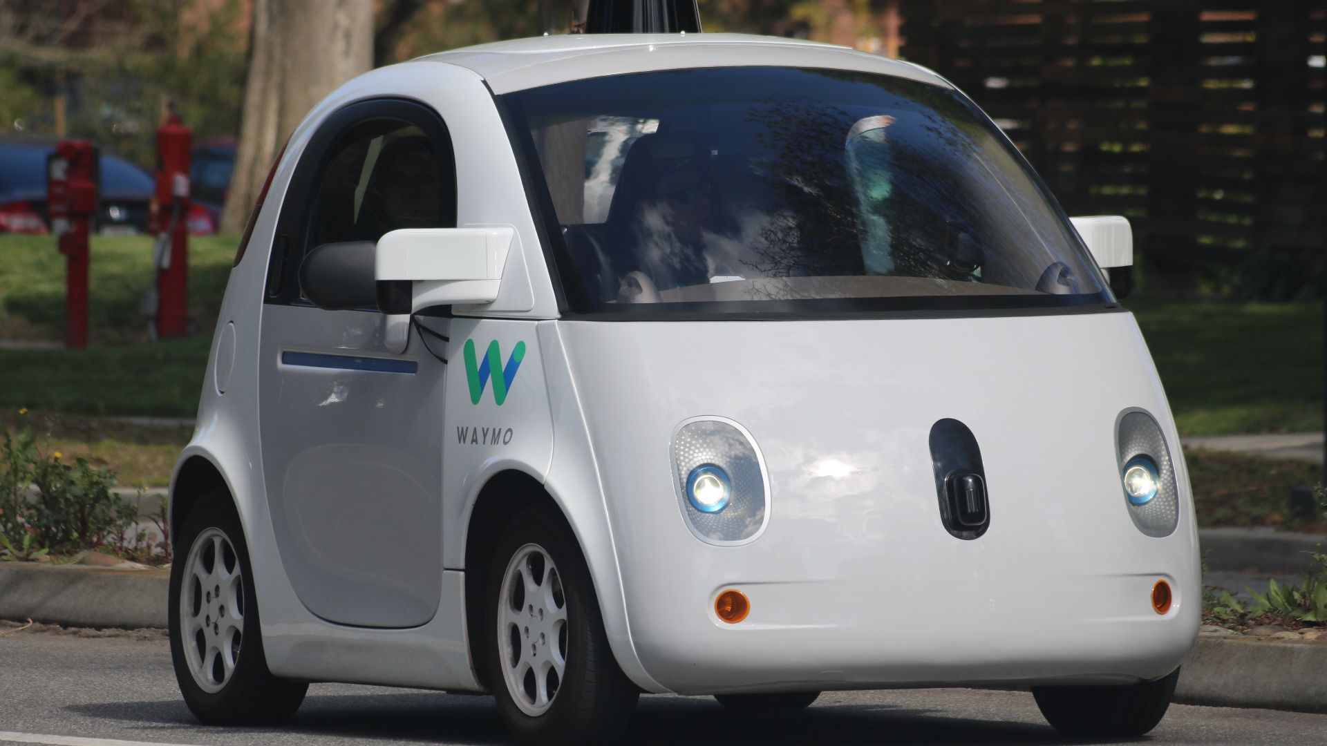 A Waymo self-driving car on the road in Mountain View. (Front view.)