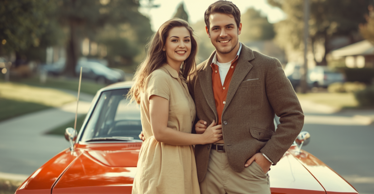1960s couple standing in front of Plymouth