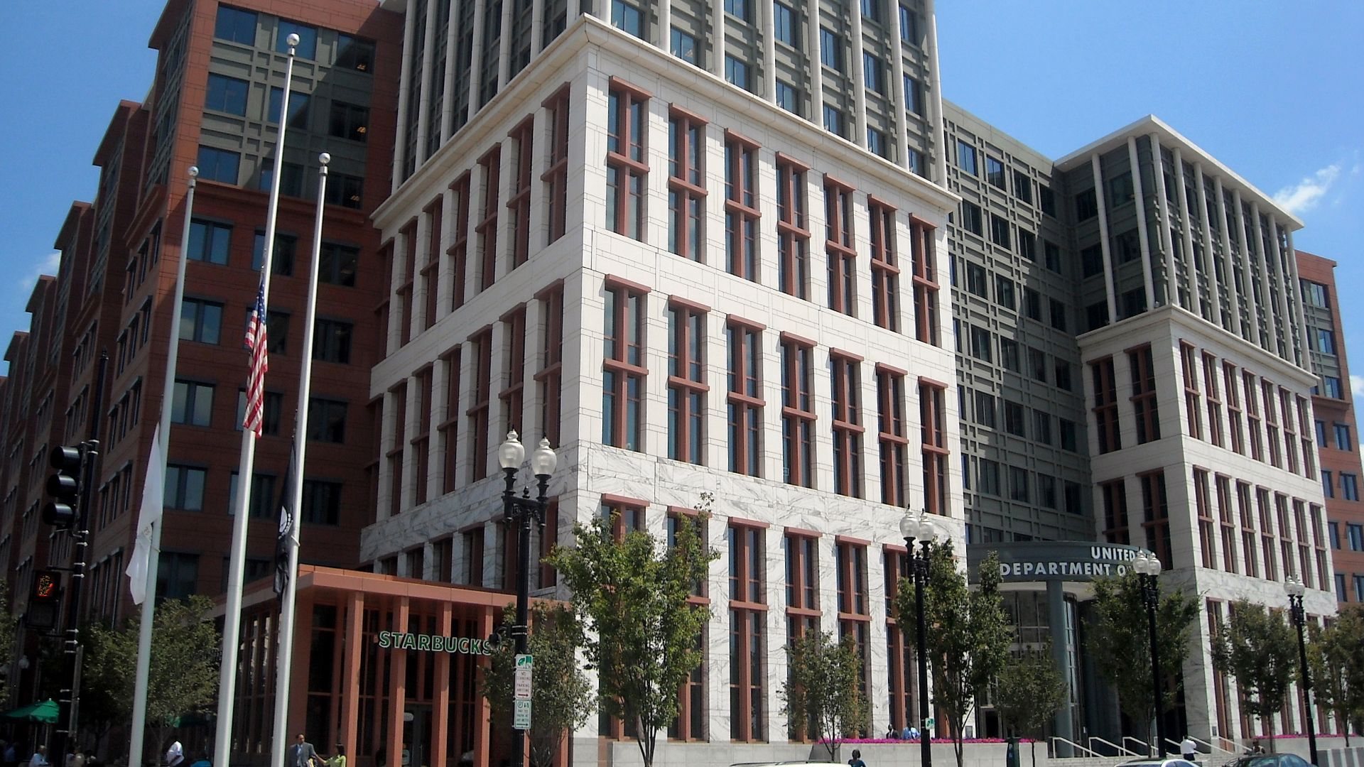 The entrance to the United States Department of Transportation headquarters (as viewed from the intersection of M Street and New Jersey Avenue, S.E.), located at 1200 New Jersey Avenue, S.E., in the Navy Yard neighborhood of Washington, D.C.