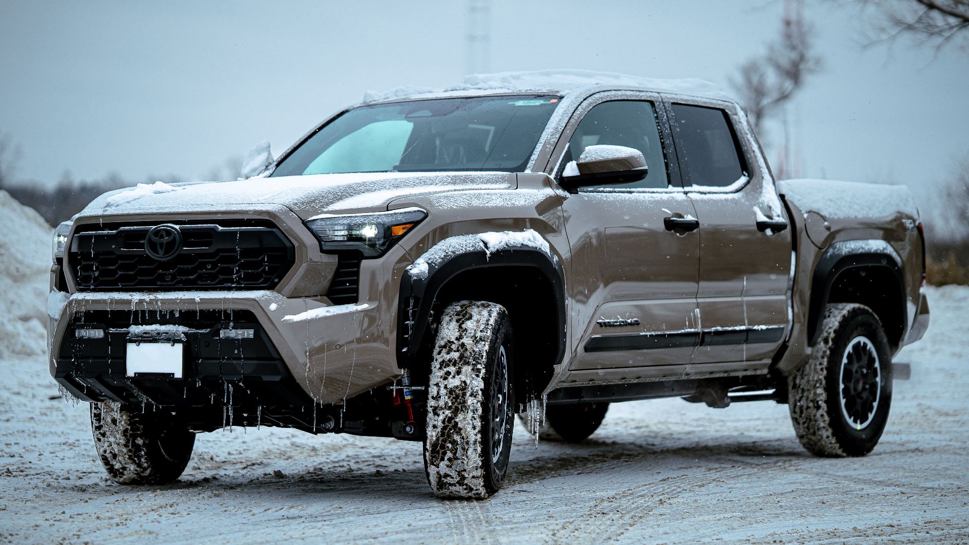 Brown pickup truck covered in snow parked outdoors in a winter setting