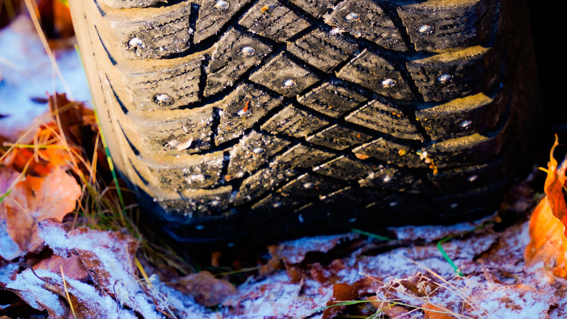 Close-up of a car tire on frosty autumn leaves, showcasing winter readiness.