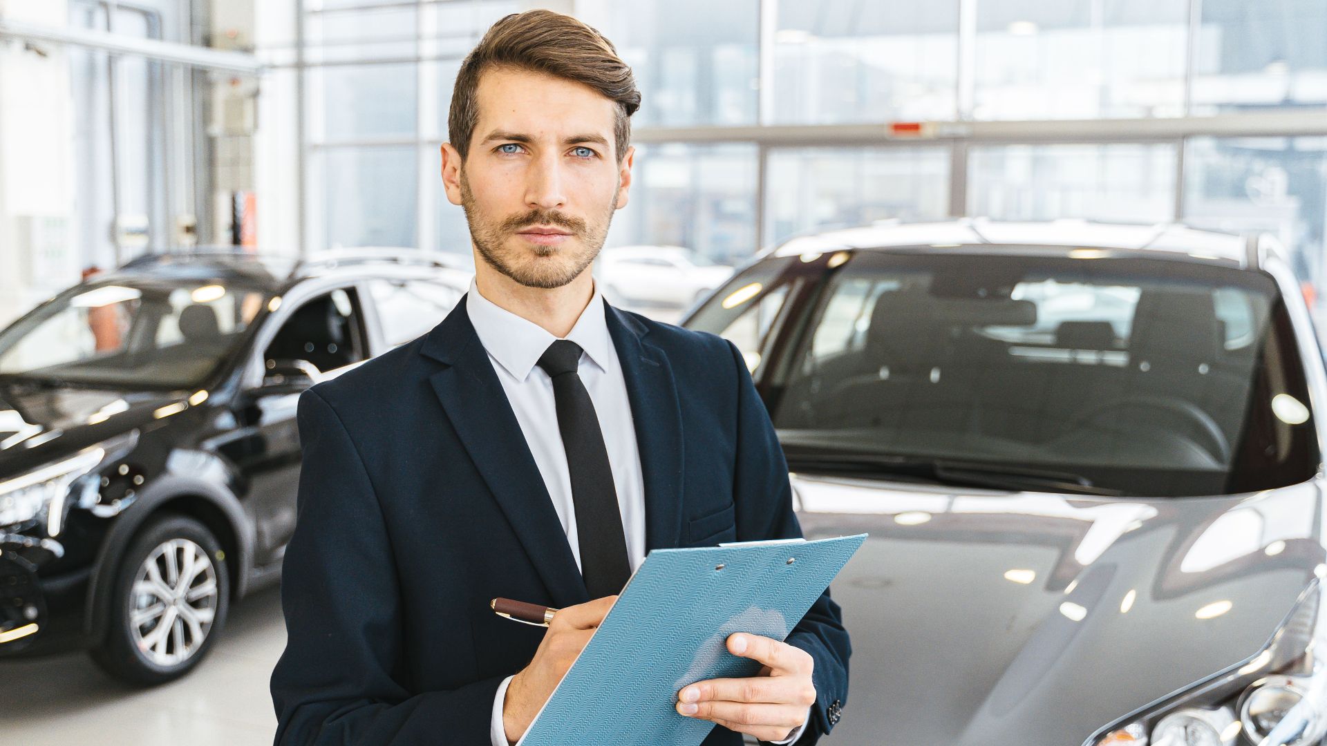 A confident car salesman in a showroom, holding a clipboard and pen.
