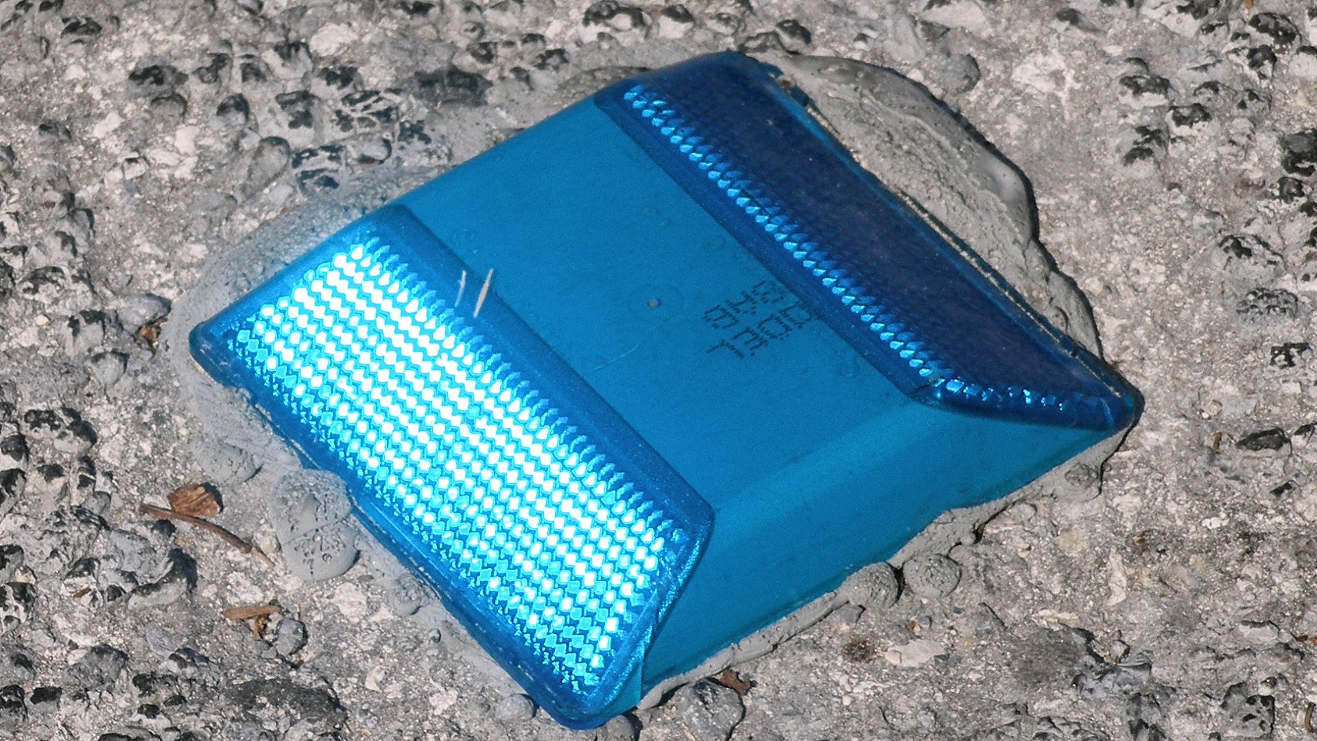 A blue raised pavement marker seen at the Flamingo site in Everglades National Park, Florida.
Photographed by user Coolcaesar on January 18, 2008.