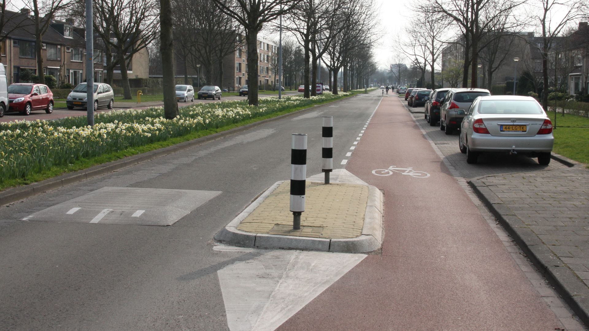 Verkeersdrempel met afgescheiden fietsstrook in de Rijnstraat in Oudorp.