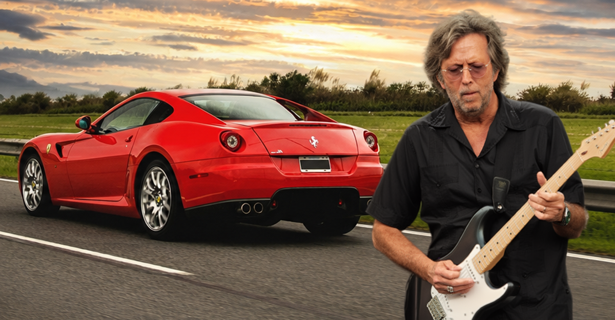 Composite of rock musician Eric Clapton playing the guitar and a Ferrari 599 GTB Fiorano 