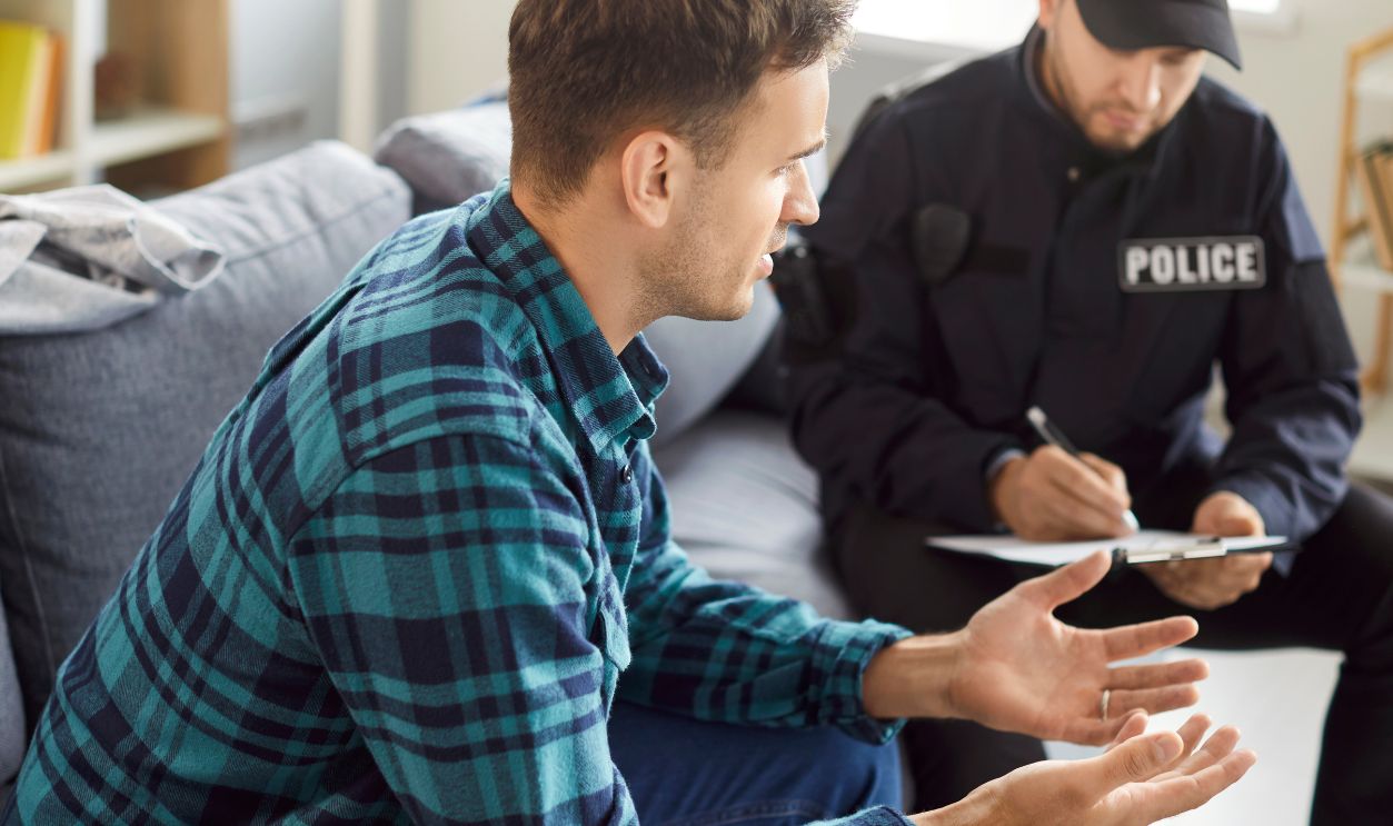 Policeman interrogating, officer police man in uniform, witness interview, interviewing suspected criminal, listening to complains, writing crime report gathering prosecution evidence, patrolling