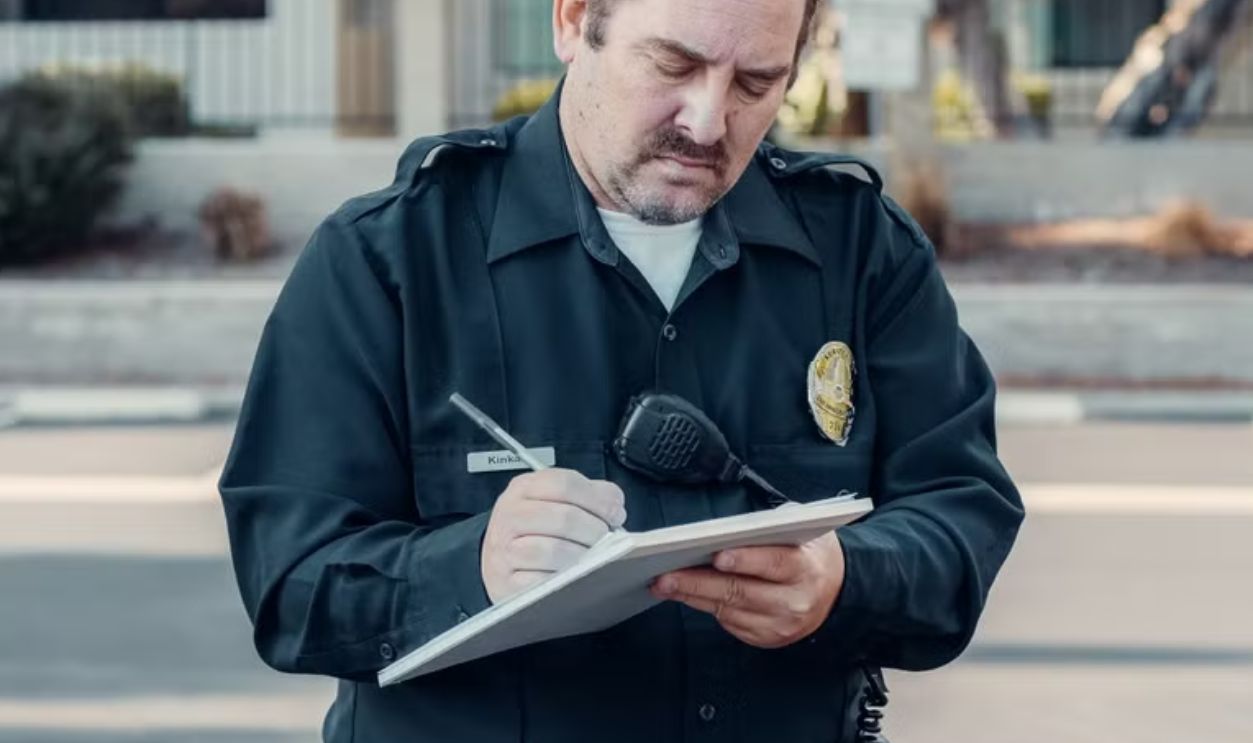 Police officer in uniform writing a ticket on a clipboard outdoors