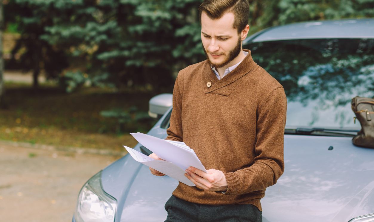 young businessman sorting out papers on a car
