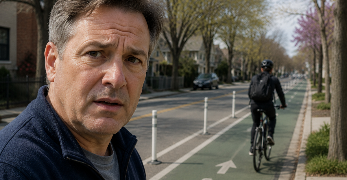 Worried middle-aged man and cyclist.