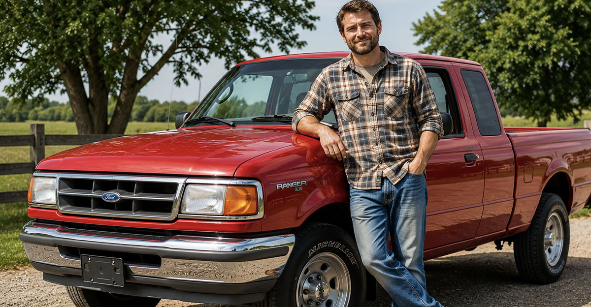 AI-generated image of a man standing beside a Ford Ranger.