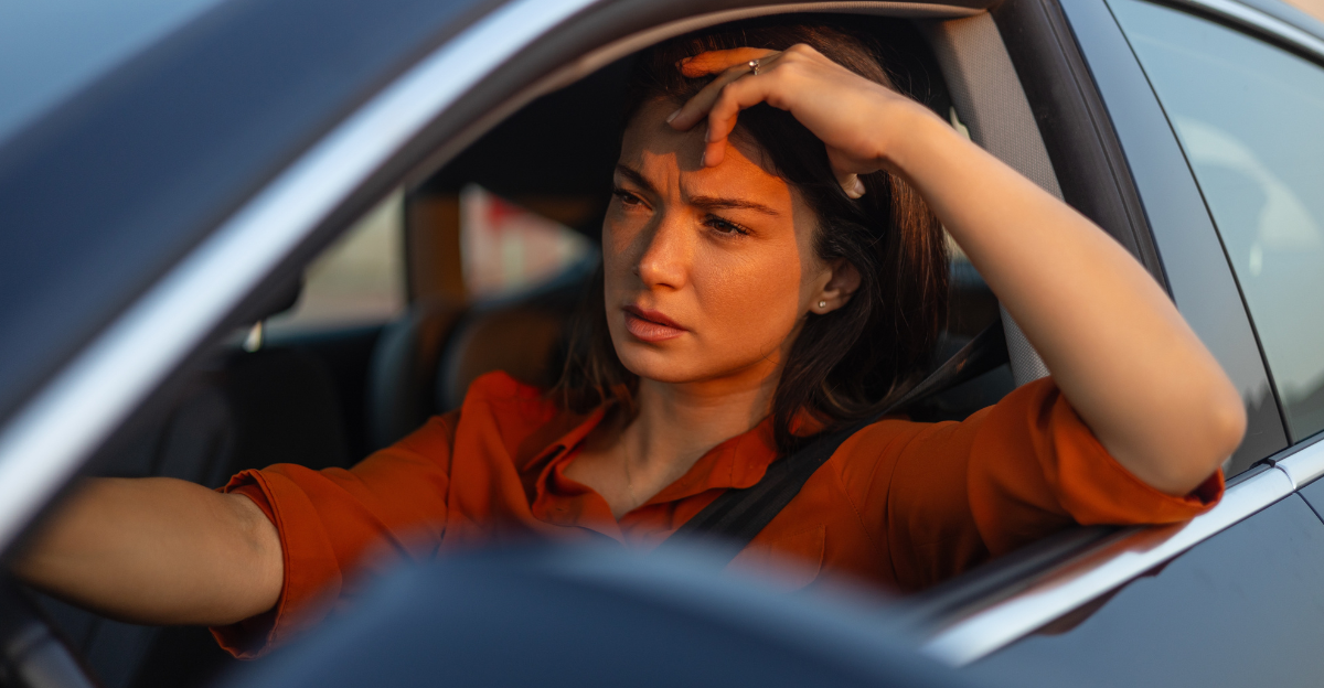 Nervous female driver sits at wheel