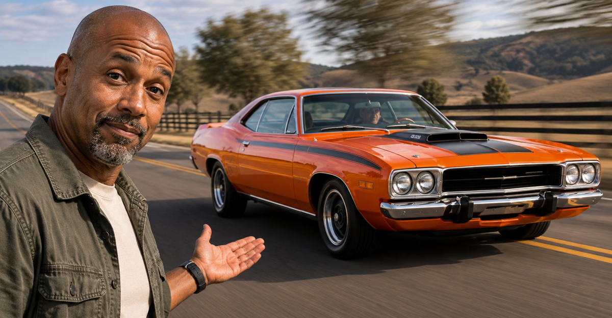 AI-generated image of Black man gesturing to an orange 1975 Plymouth Roadrunner