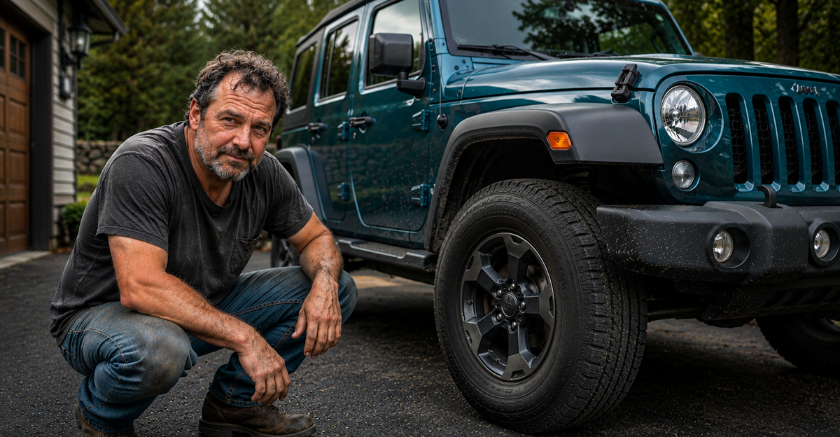 AI-generated image of a man crouched down next to a teal Jeep Wrangler