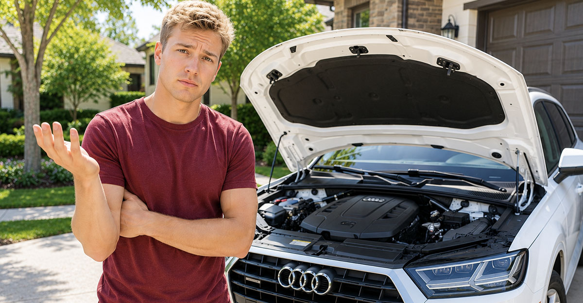 AI-generated image of a man wondering why his new car doesn't have a dipstick.