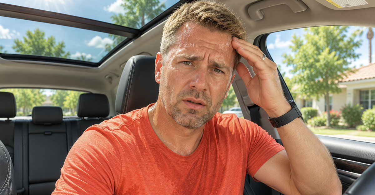 AI-generated image of a man in his car with a panoramic roof.