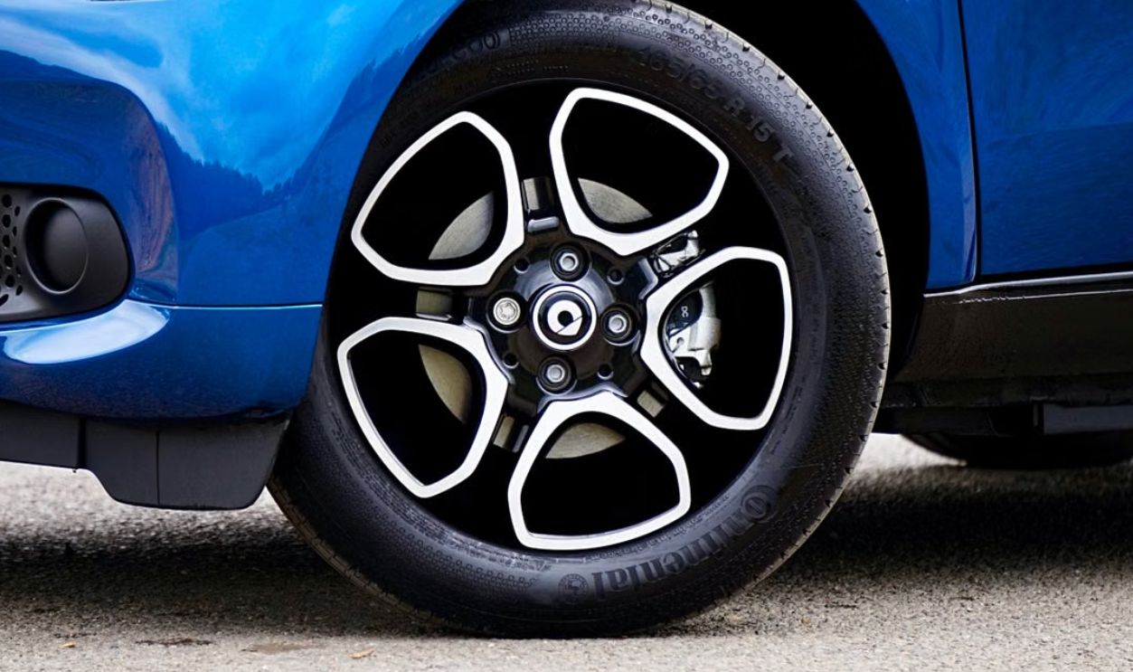 Detailed close-up shot of a blue car's tire and wheel in the UK