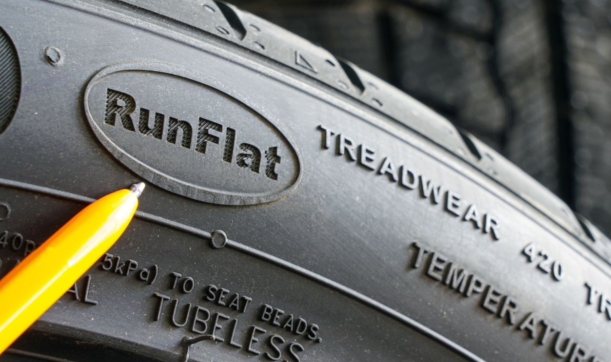 Liepaja, Latvia- 08. September, 2025: Run flat tires sidewall marking, mobility after tire puncture, driving at reduced speeds for limited distances