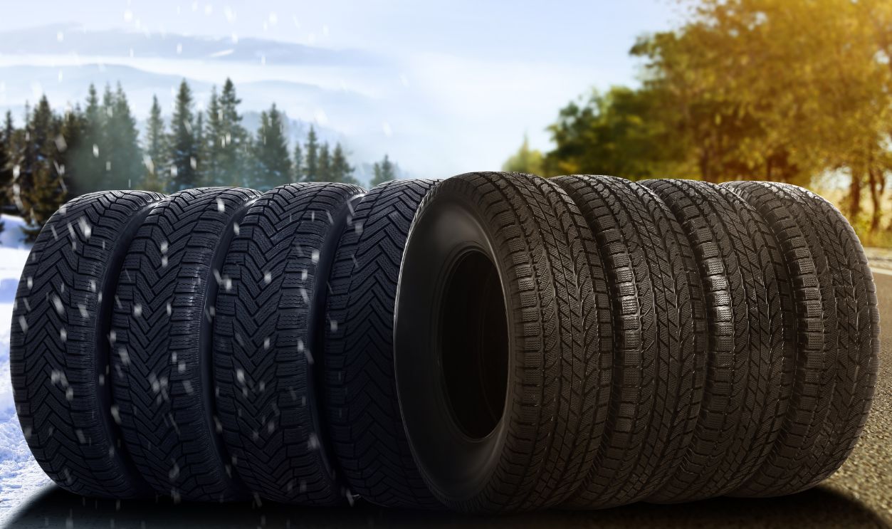 Set of new winter and summer tires on asphalt road, collage. Banner design
