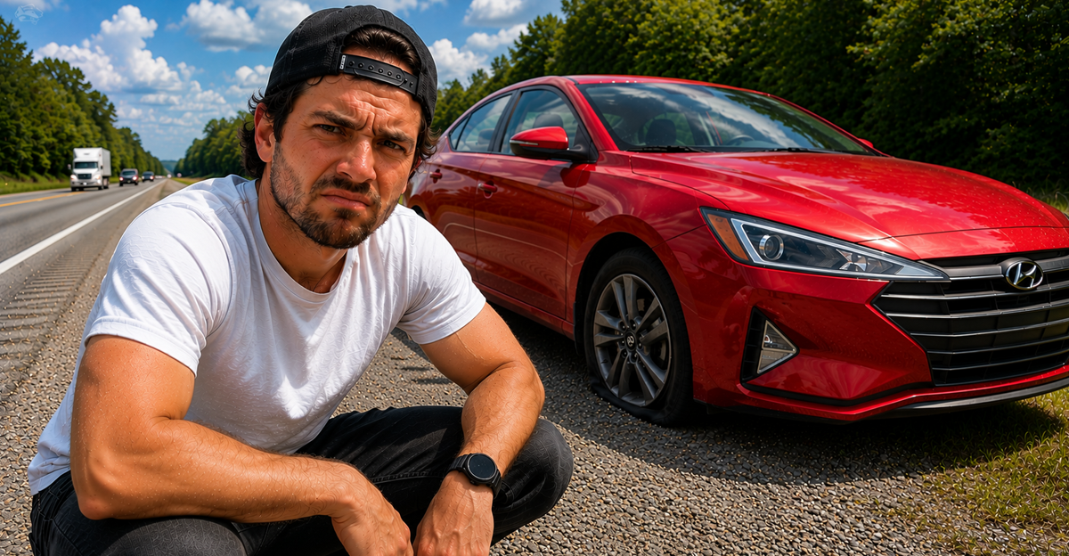 AI-generated image of a man wearing baseball cap, crouched down next to a Hyundai Elantra with a flat tire