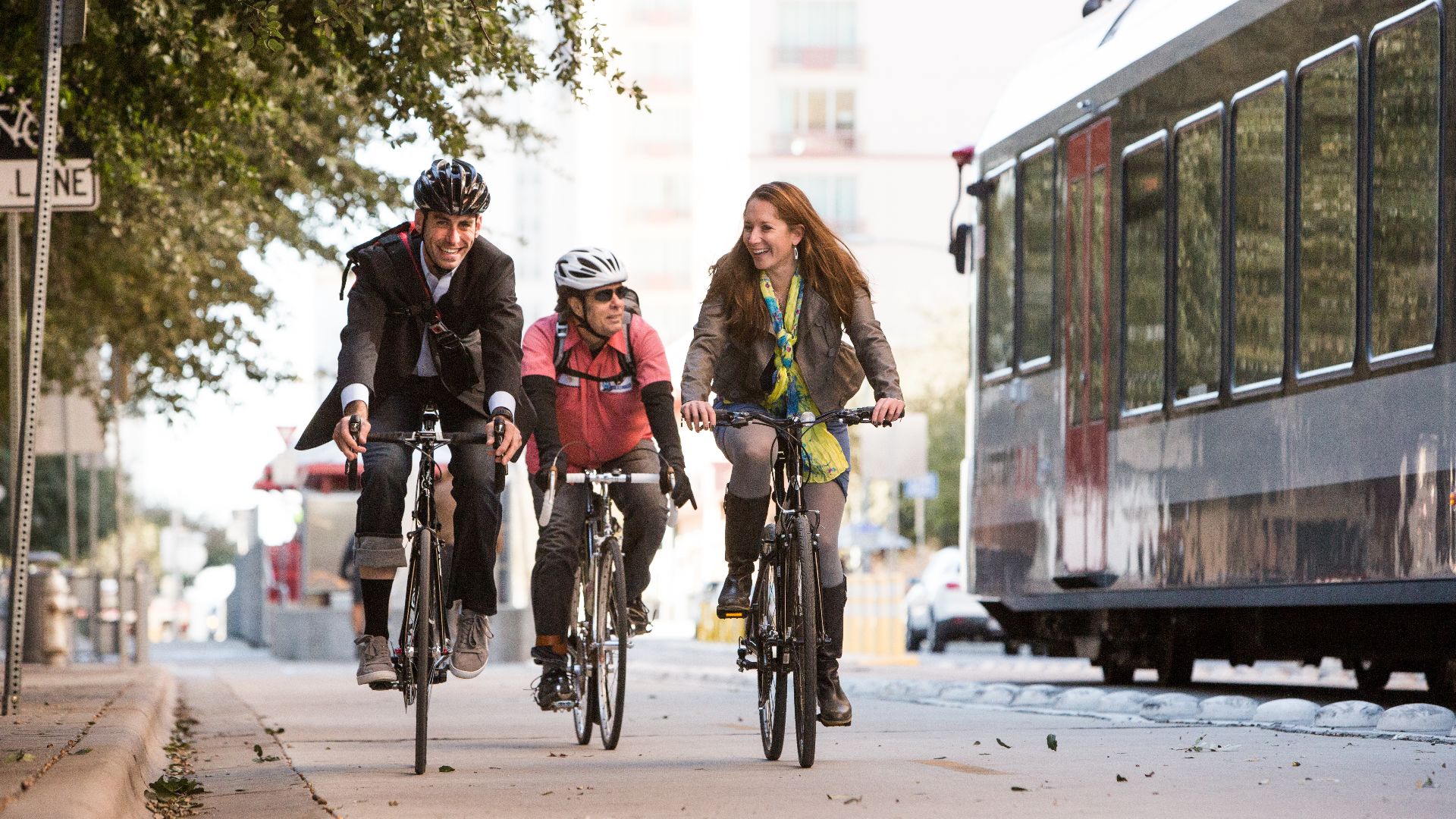 Bump-protected bike lane with bus 4th street austin