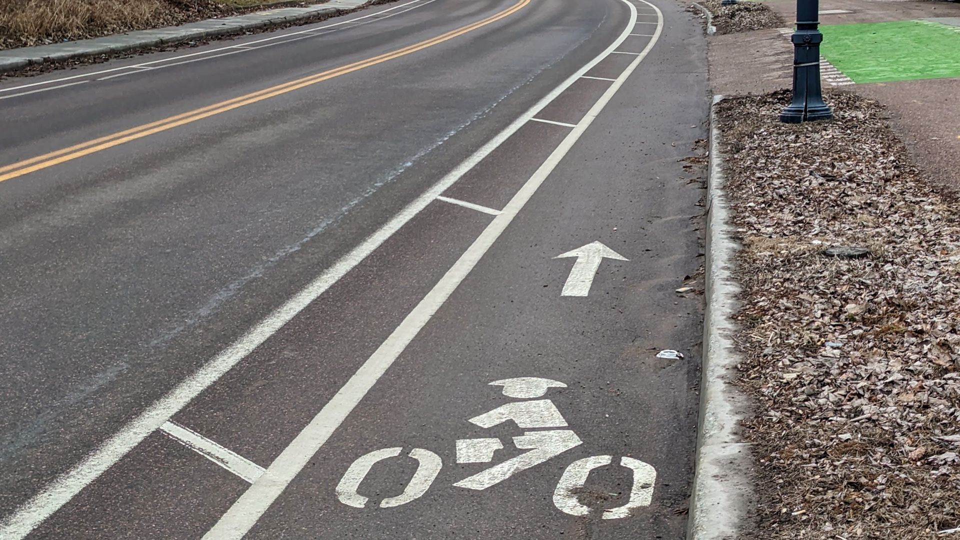 This photo shows an example of a bicycle lane with a buffered space between it and the adjacent motor vehicle lane. There is protection or physical protection in this buffer, only painted lines.