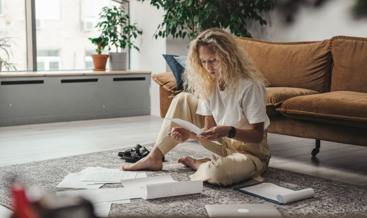Woman sitting on the floor at home, reviewing paperwork in a relaxed environment