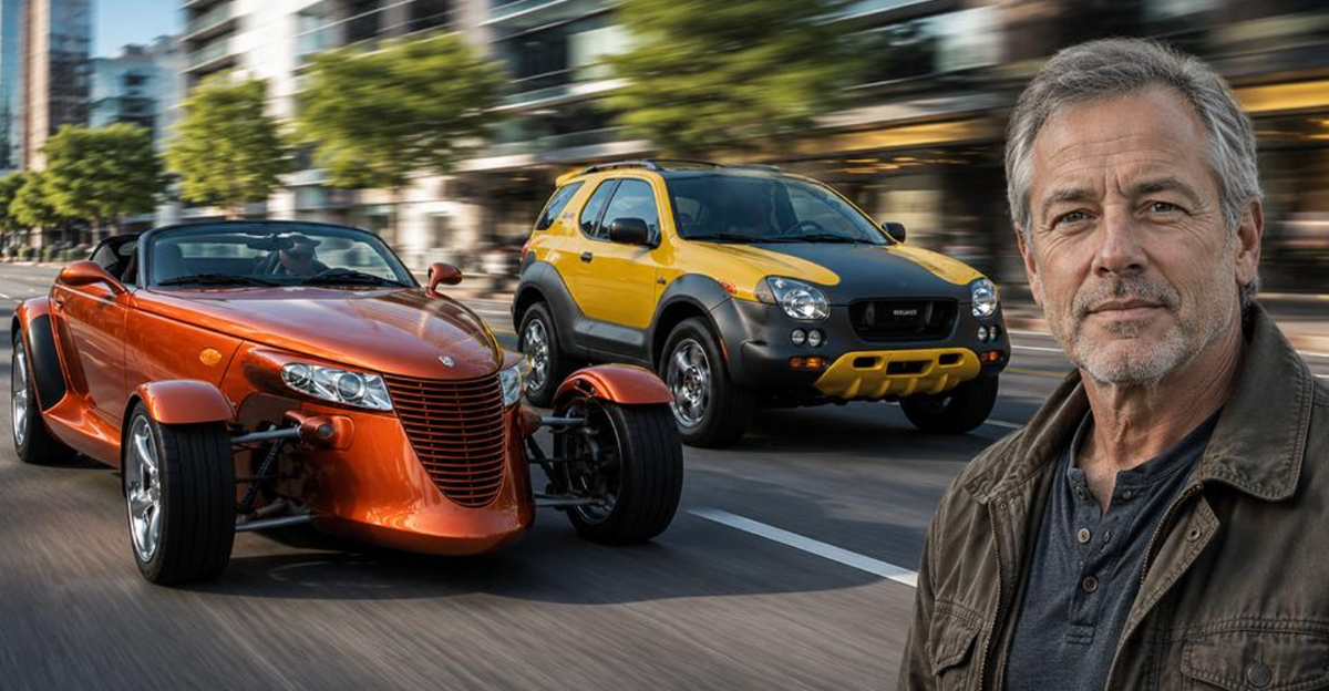 Plymouth Prowler and Isuzu VehiCROSS on road, man in foreground looking at camera