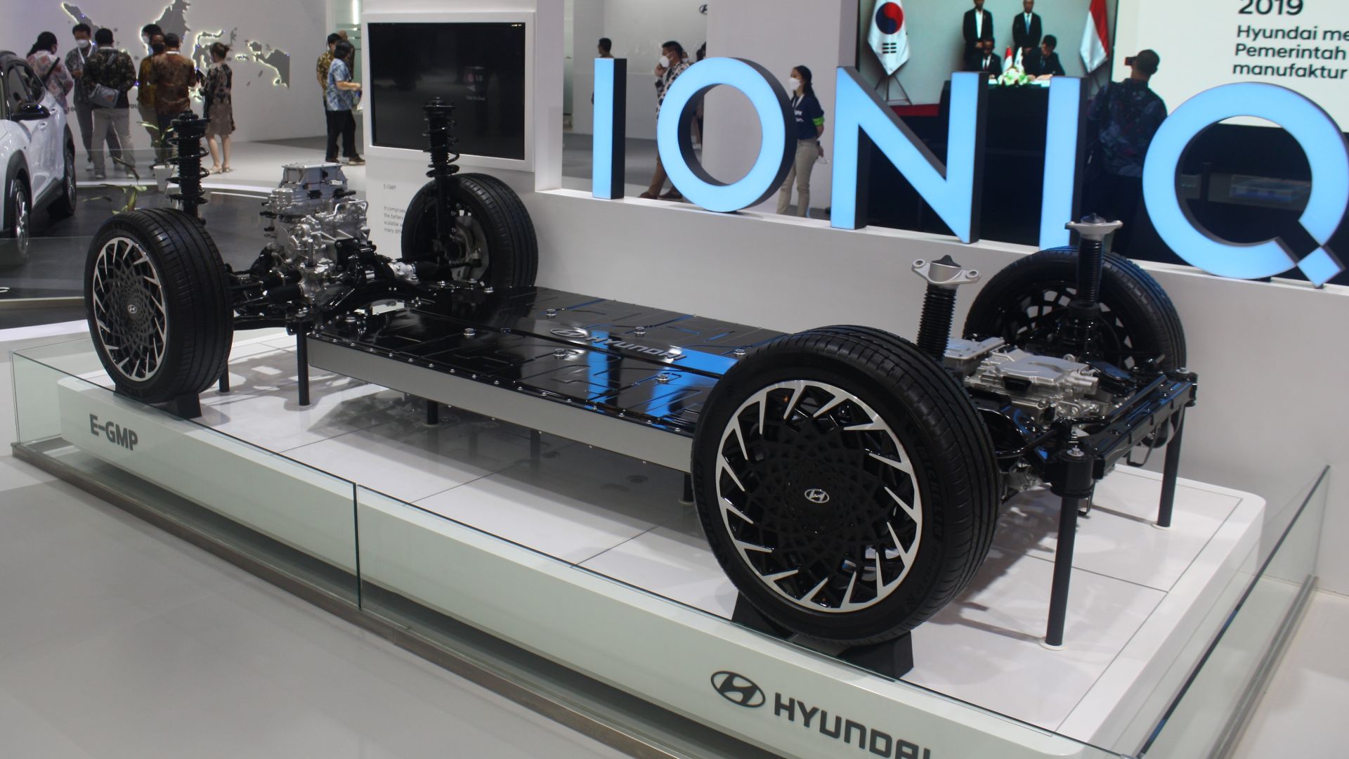 Hyundai Electric Global Modular Platform showcased at the 2021 Gaikindo Indonesia International Auto Show in Tangerang Regency, Banten, Indonesia.