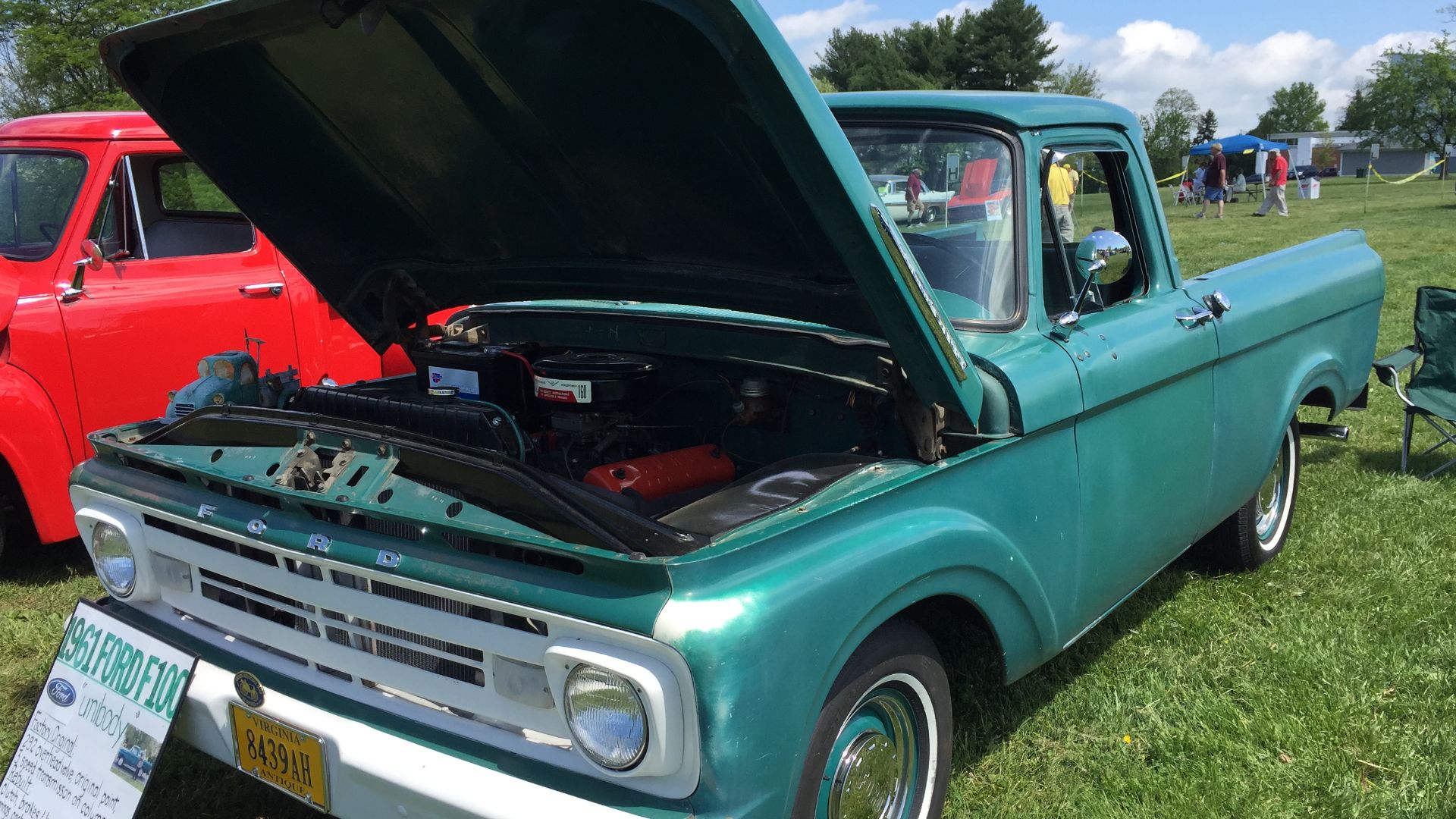 1961 Ford F100 Unibody (integrated the cab and the box into a single body) design. This is a factory original pickup truck. Photographed at 2015 Shenandoah Antique Automobile Club of America (AACA) meet.