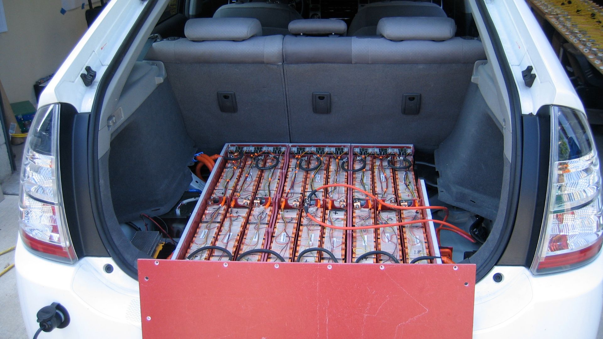 Lithium-ion battery pack in CalCars' EnergyCS/EDrive converted Prius from http://www.calcars.org/photos.html.
Felix writes:

Thanks...you're the expert on navigating wiki-talk. If you know exactly what to do,
can you say that you've been authorized to say