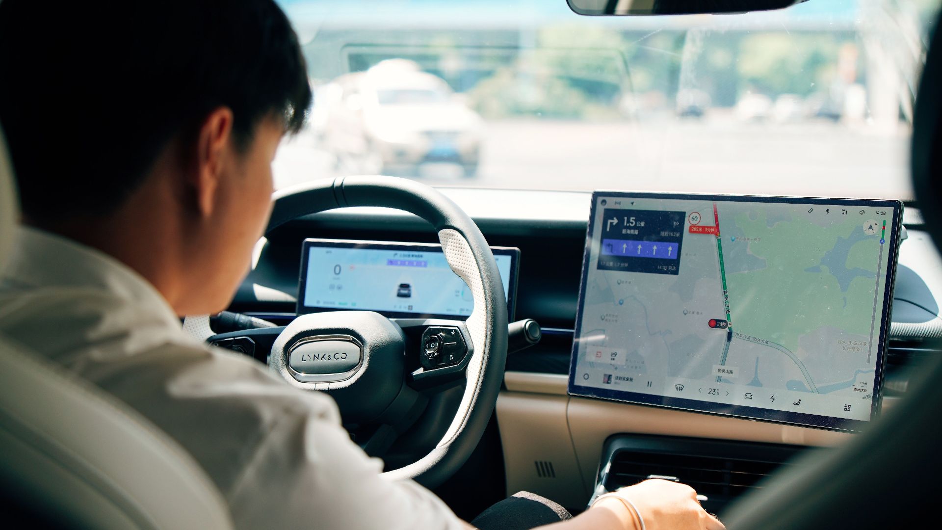 Driver using GPS in a modern car interior. Emphasis on technology and travel.