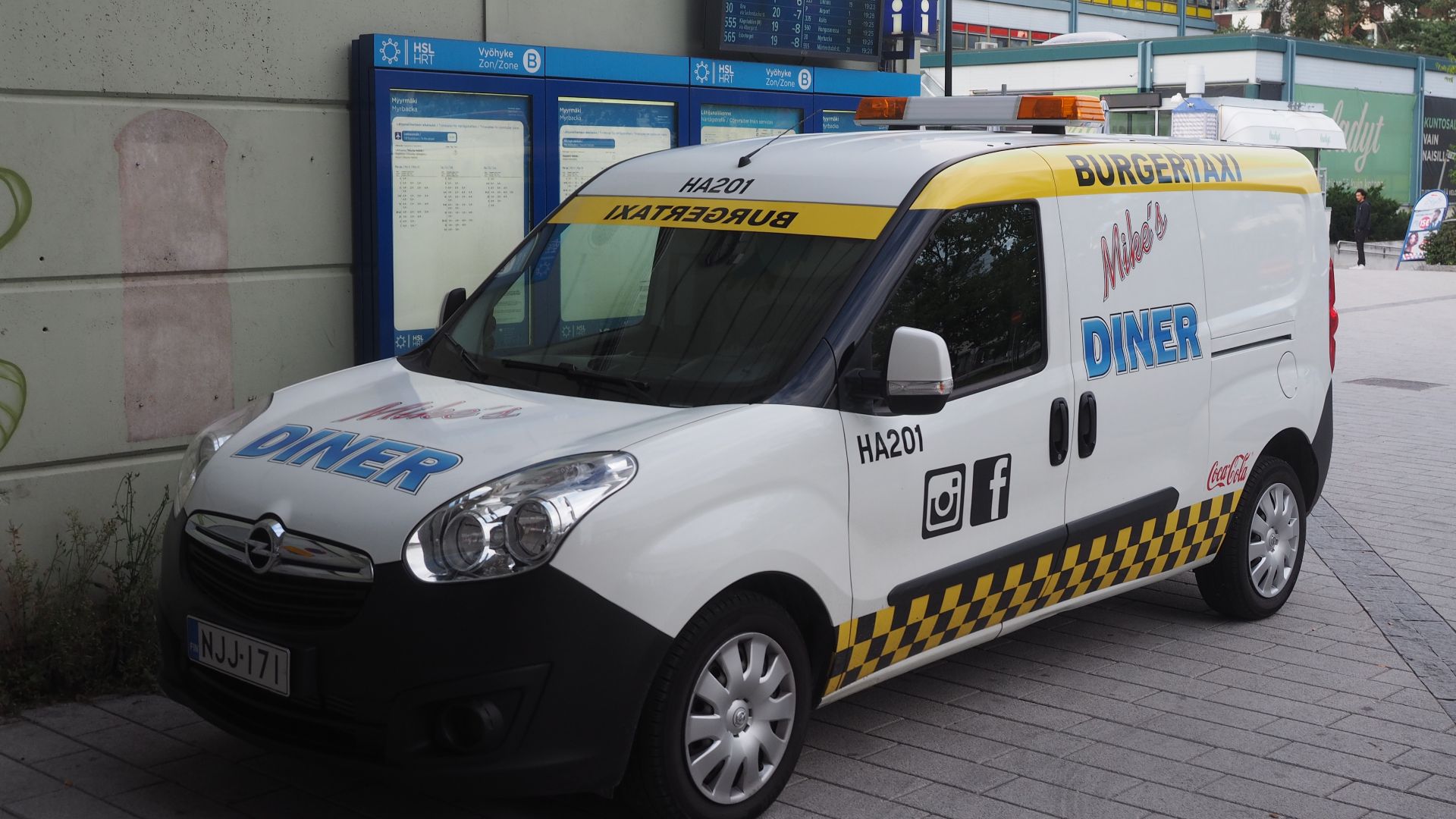 The Burgertaxi food delivery car for the restaurant Mike's Diner, seen in Myyrmäki, Vantaa, Finland.