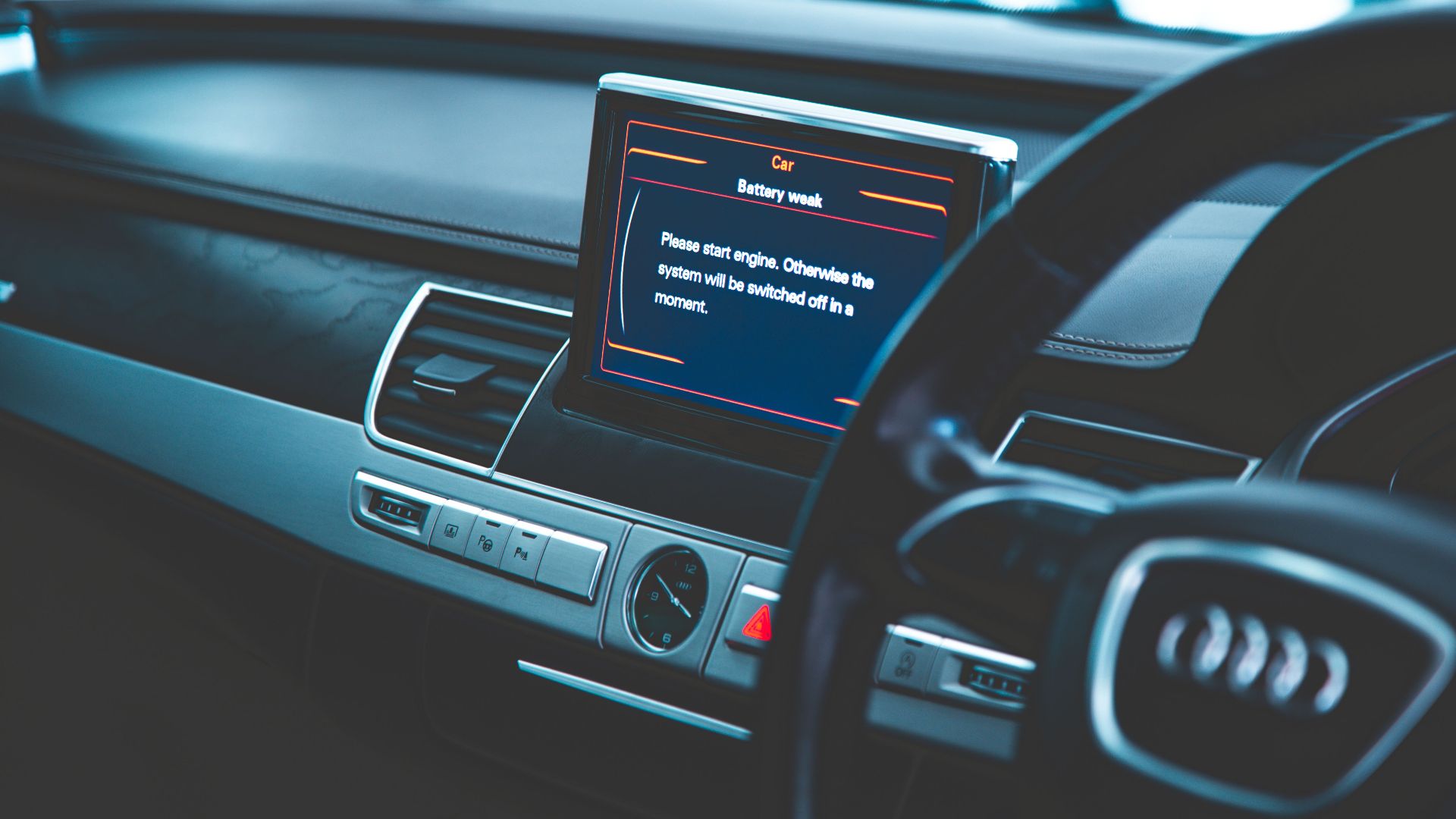 Close-up of a luxury car's interior, showcasing the dashboard and electronic display.