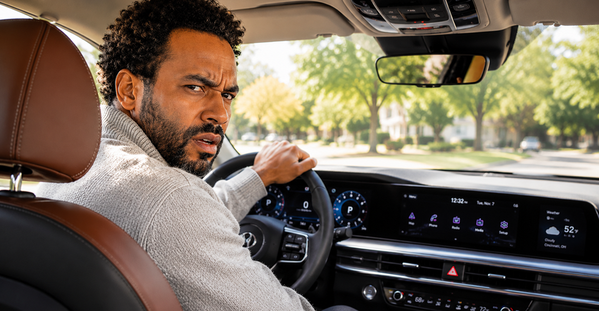 AI-generated image of a frustrated driver sits inside a modern car with a digital dashboard