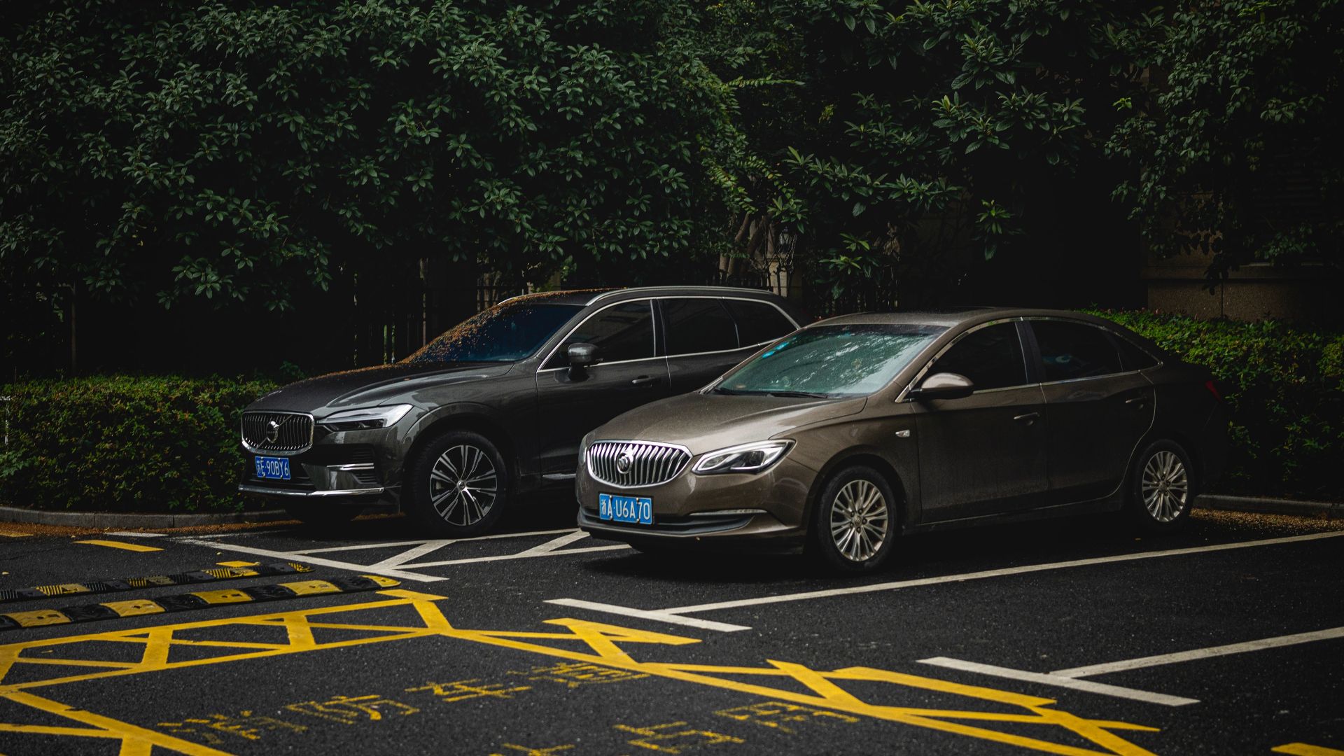 Two cars, an SUV and a sedan, parked side by side in a shady urban lot.