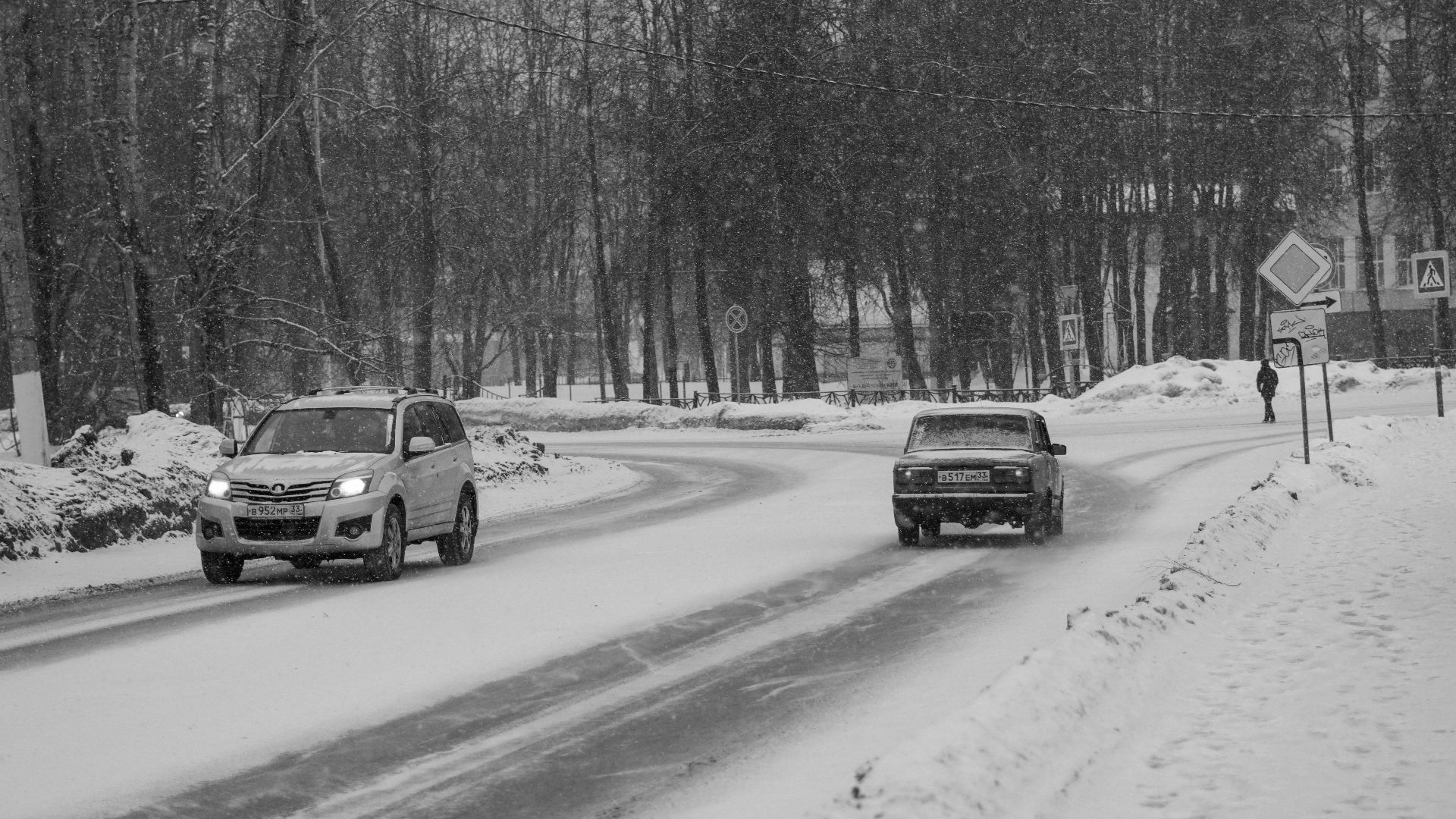 Two cars navigate a snowy, monochrome winter road surrounded by bare trees.