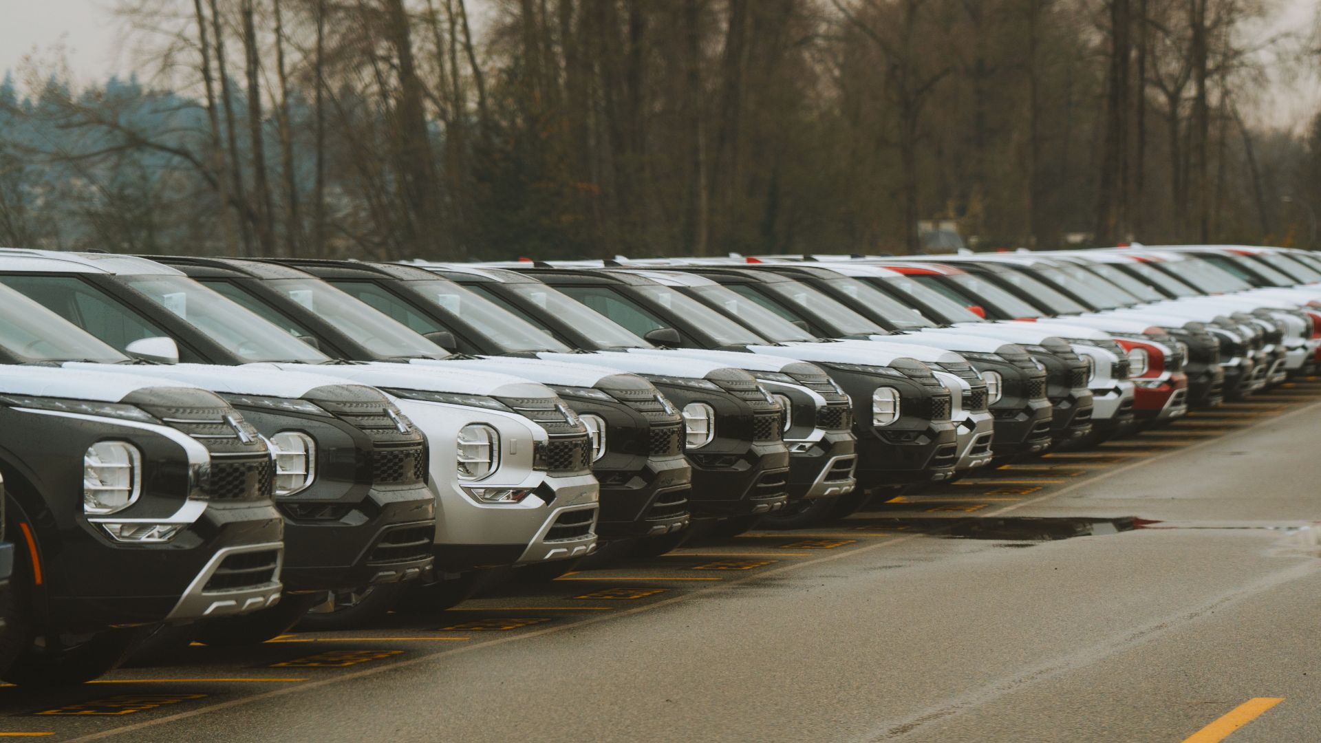 A row of new cars parked outdoors, showcasing modern vehicle design.