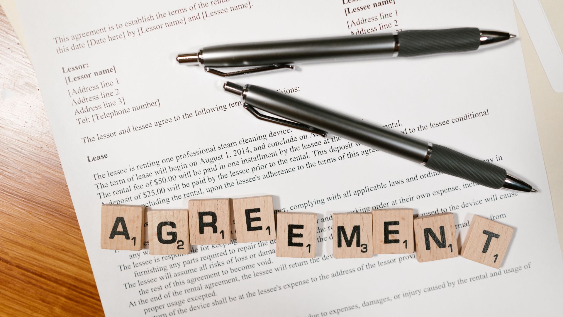 A document with Scrabble tiles spelling 'AGREEMENT' and two pens, symbolizing contract signing.