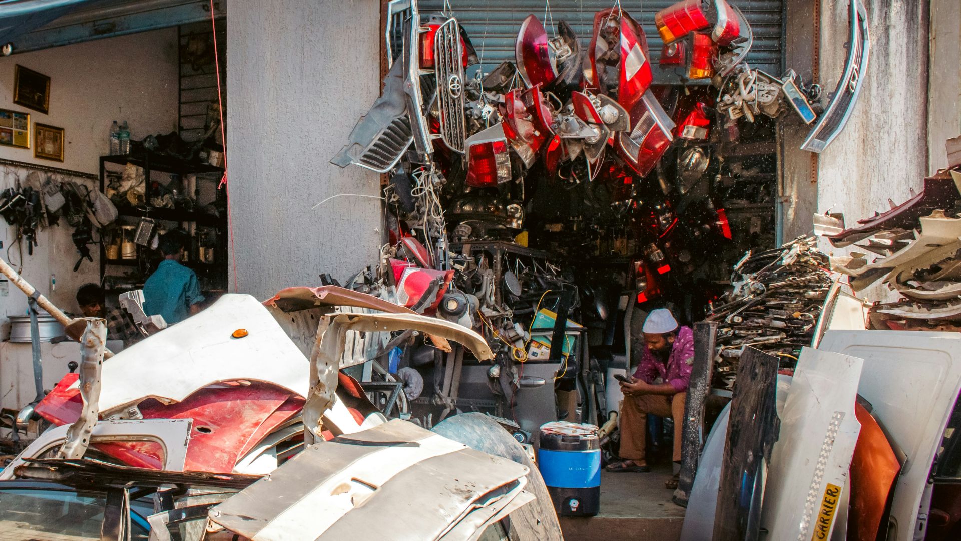 Automotive parts shop with many car components displayed