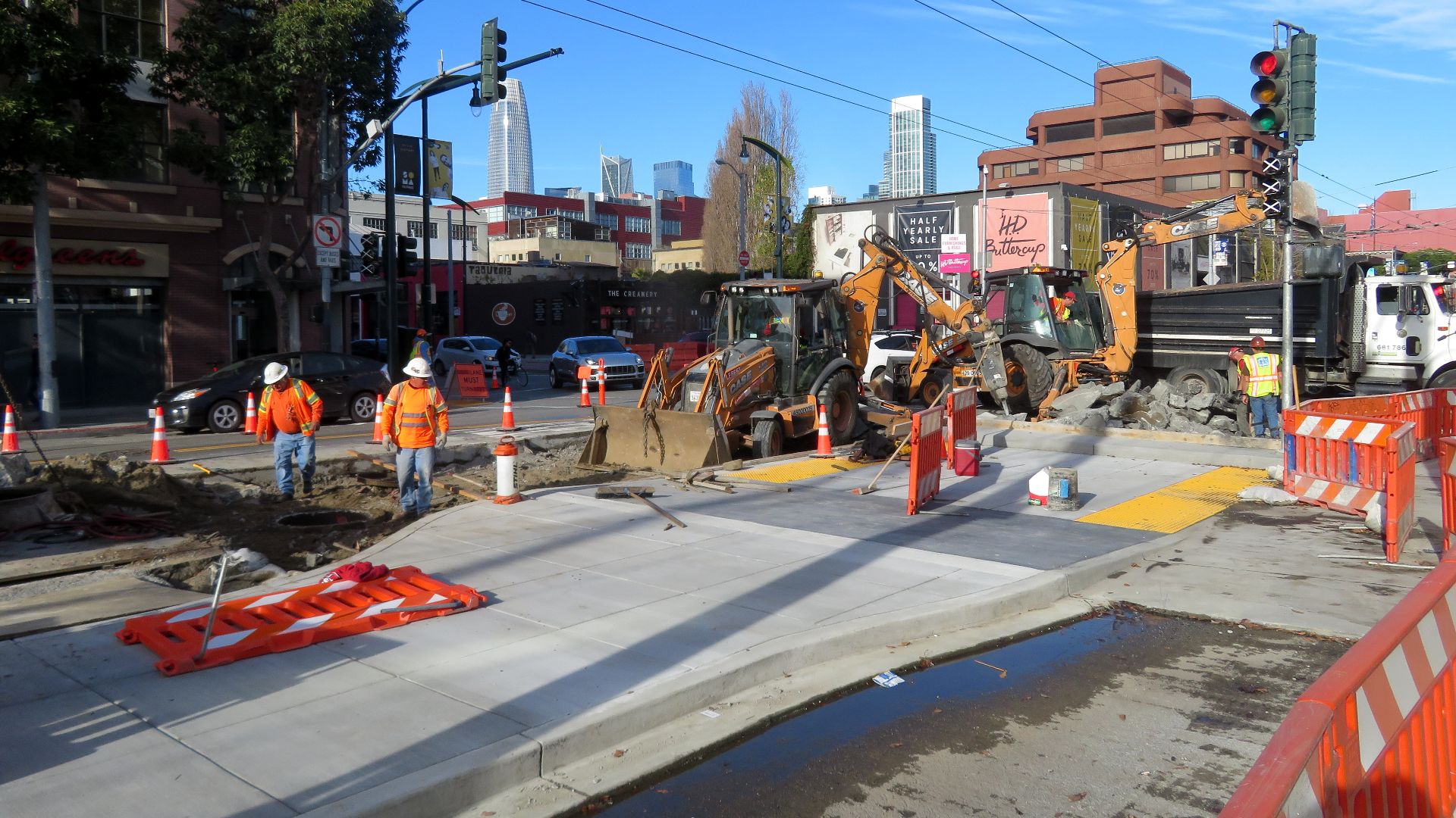 Construction of a boarding island at 4th Street as part of the Townsend Corridor Improvement Project in January 2020. The block-long island, which protects a bike lane, will include a bus stop, taxi line, and drop-off area.