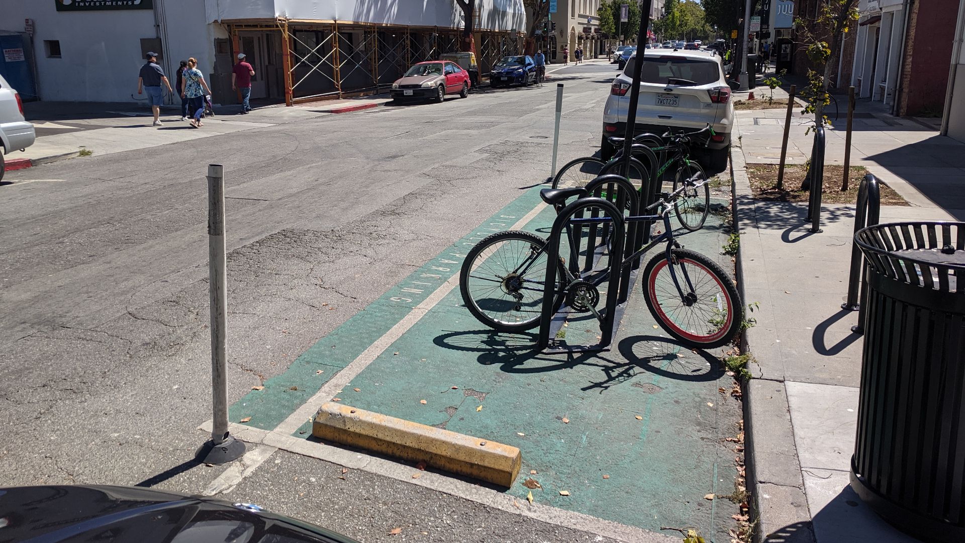 A car parking stall converted to park bikes on Ramona Street in Palo Alto, California.
