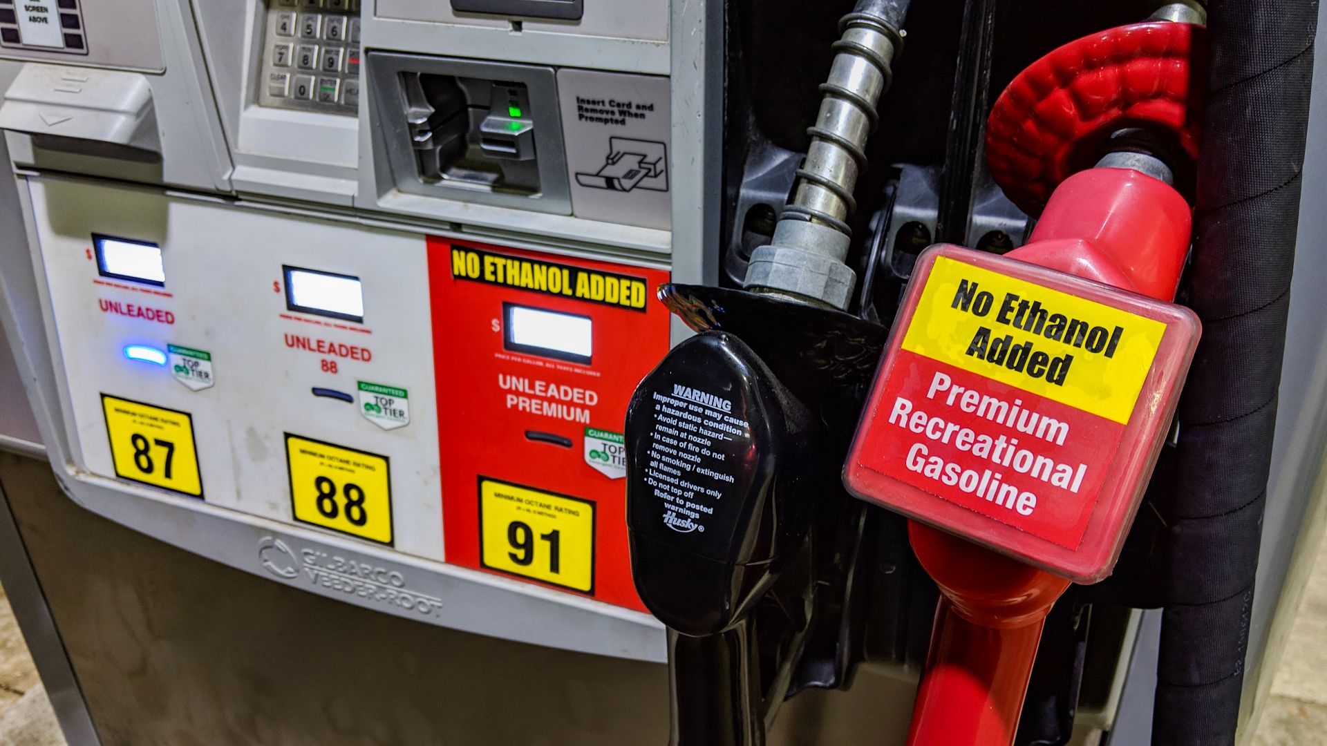 91 octane premium unleaded gasoline, no ethanol added (ethanol free fuel) gas pump, at a Kwik Trip fueling station in Hinckley, Minnesota.