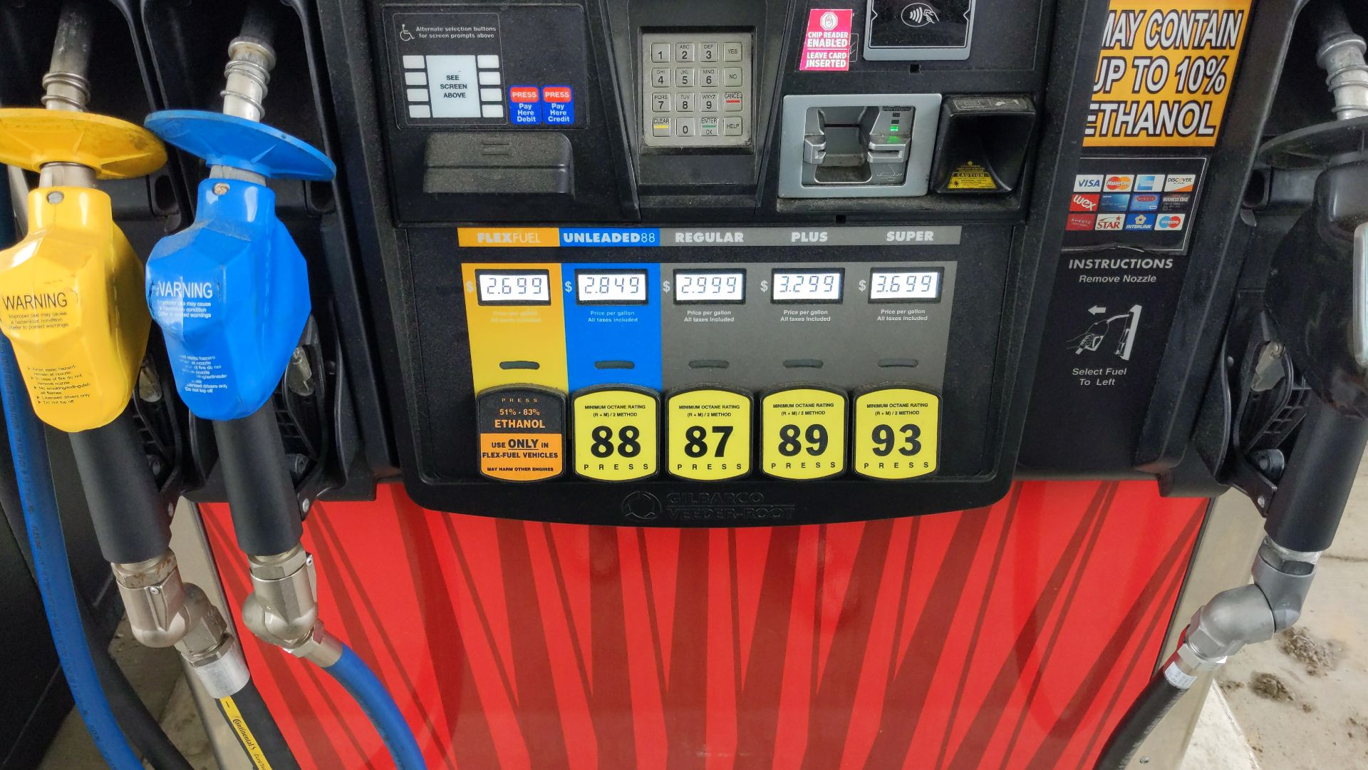 Close up of a gas pump with three nozzles: yellow for E85 (