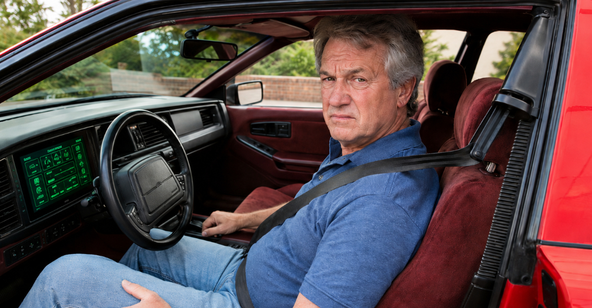 man sitting in 1980s car with green touchscreen