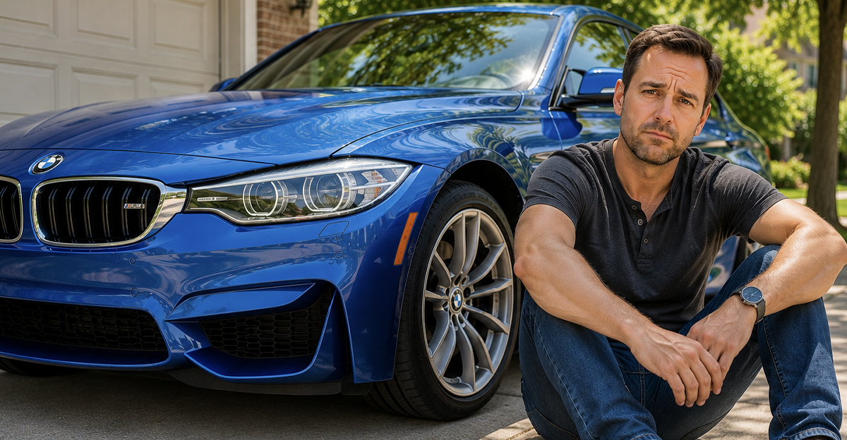 AI-generated image of a man sitting next to his car with run-flat tires.