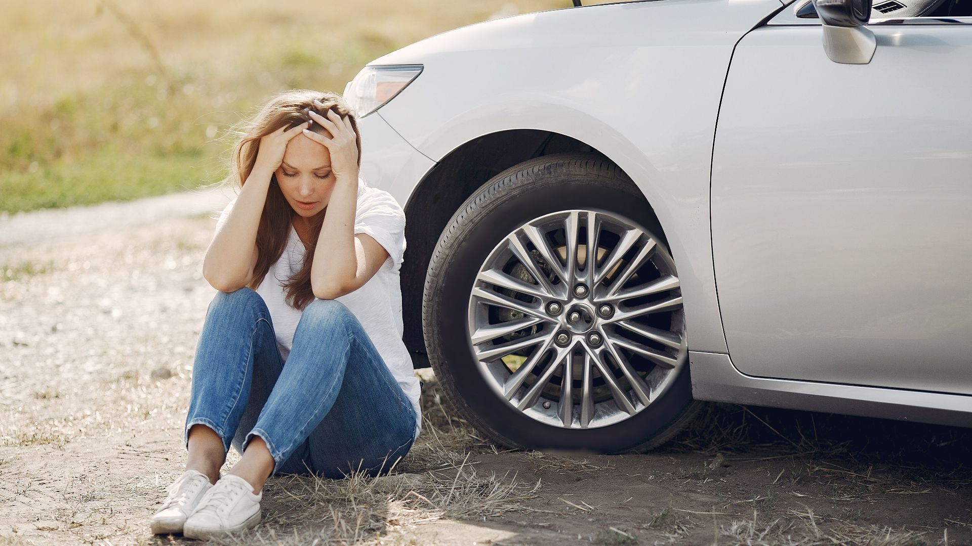 Frustrated female driver in white t shirt and jeans sitting on ground near damaged car with hands on head during car travel in sunny summer day