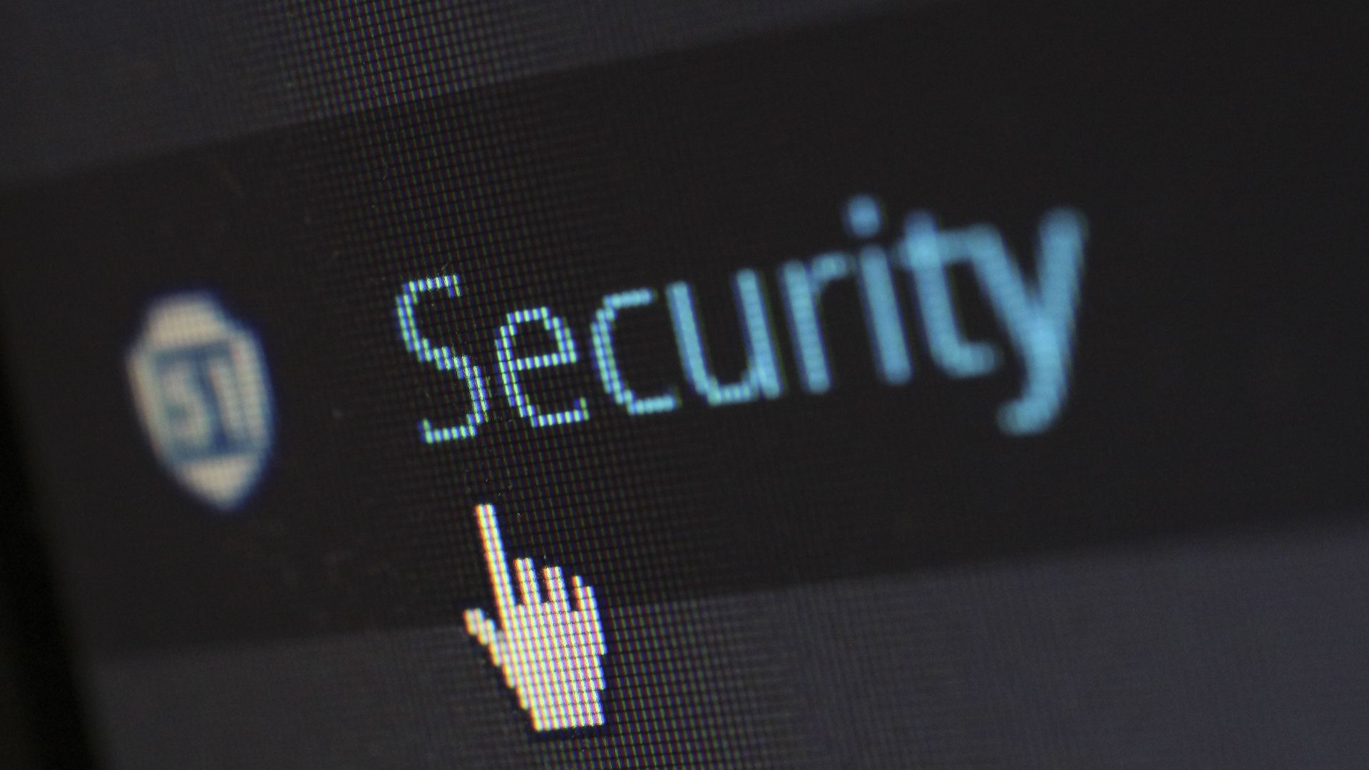 Close-up view of a mouse cursor over digital security text on display.