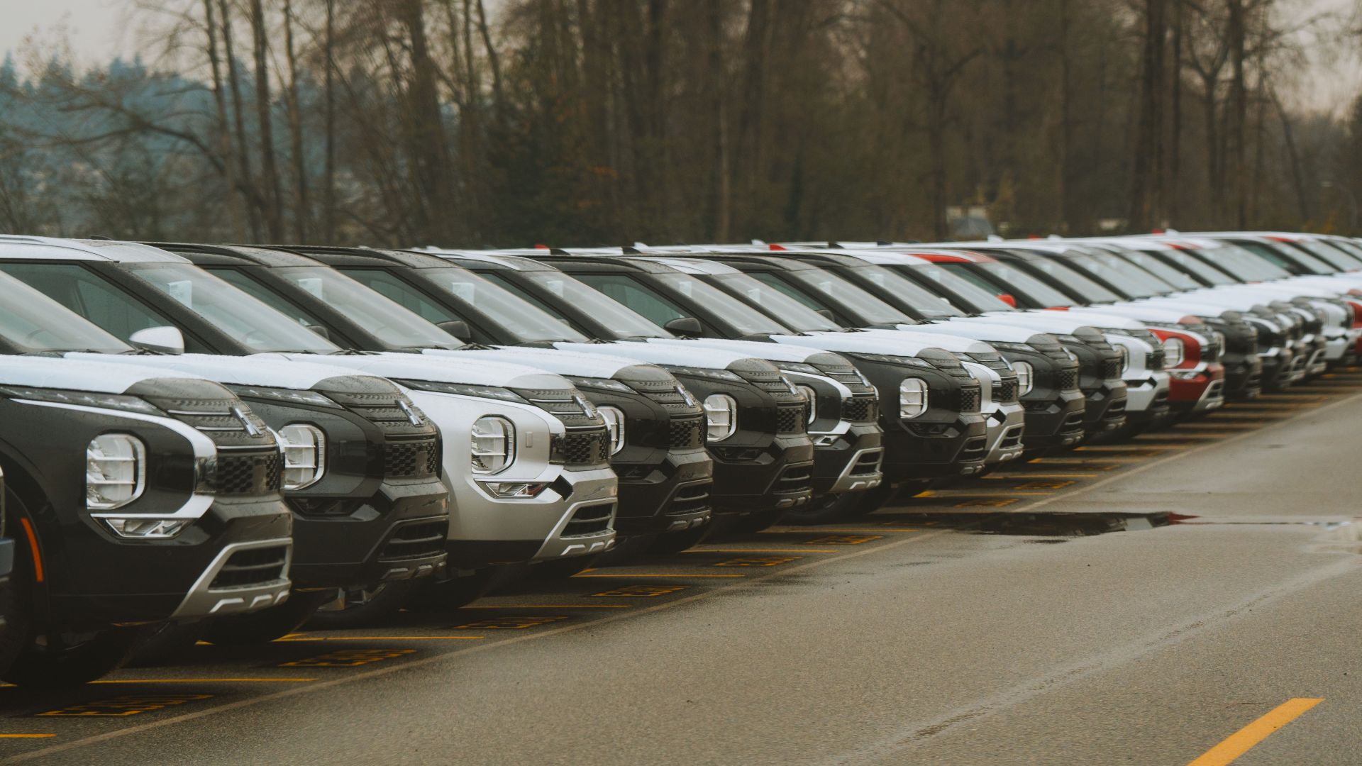 A row of new cars parked outdoors, showcasing modern vehicle design.