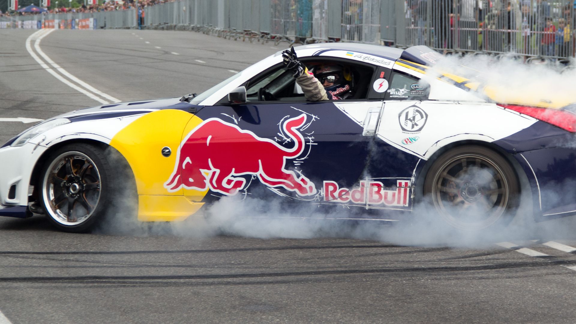 Aleksandr Grinchuk drives Nissan 350z at Red Bull Racing Formula One Show. Almaty, Kazakhstan, June 1, 2014