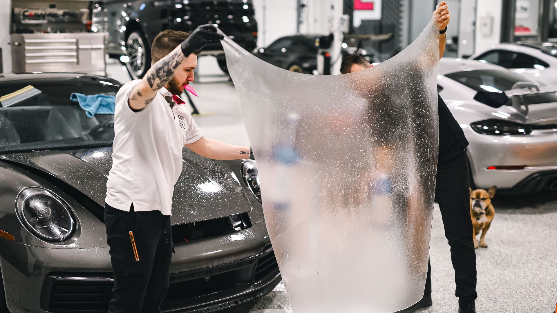 Two professionals applying protective film to a luxury car in a modern garage.